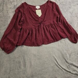 Böhme Blouse Large Burgundy Textured Dot Peplum Long Sleeve Boho Chic Peasant